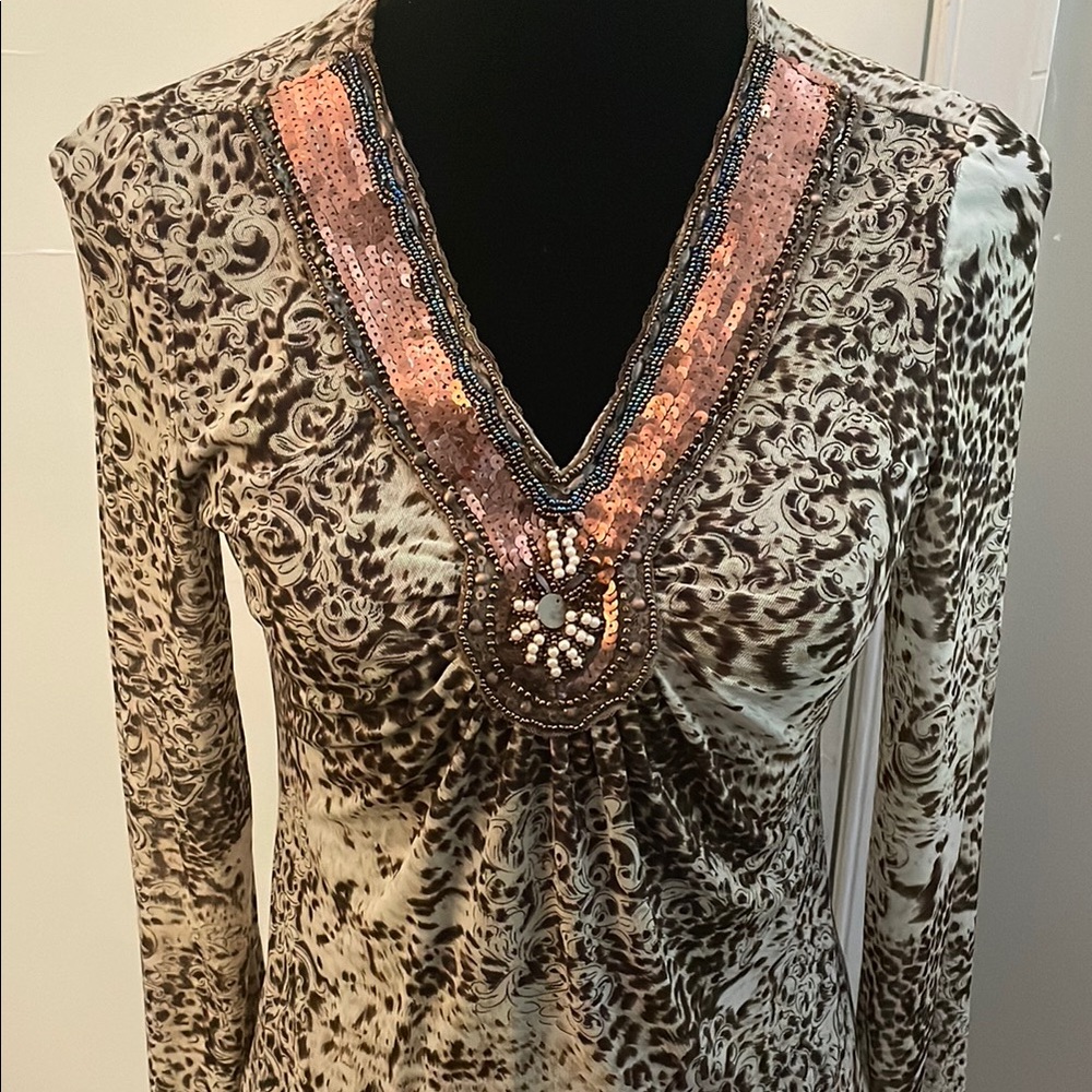 Embellished Brown and Cream Women's Top